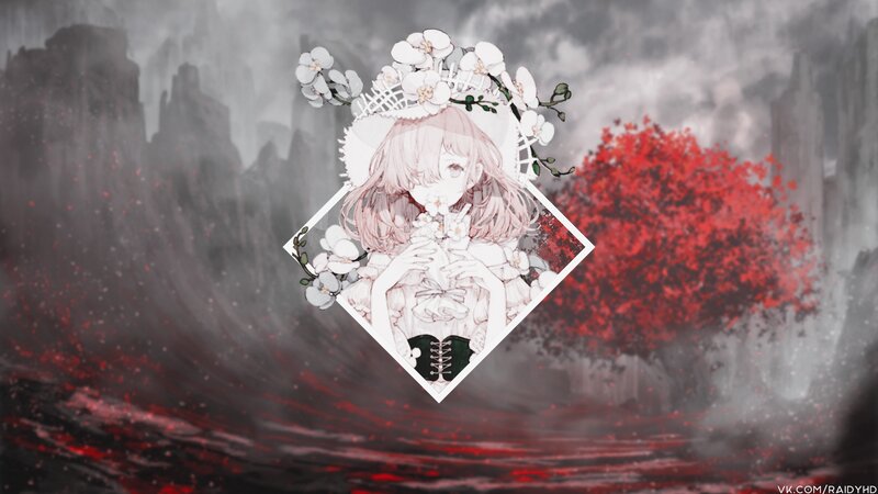 Anime Girl with Flowers — White, Dramatic, Digital Art, Tree