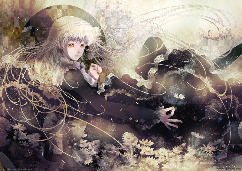 Anime Girl with Flowers — White, Dreamy, Digital Art, Lace