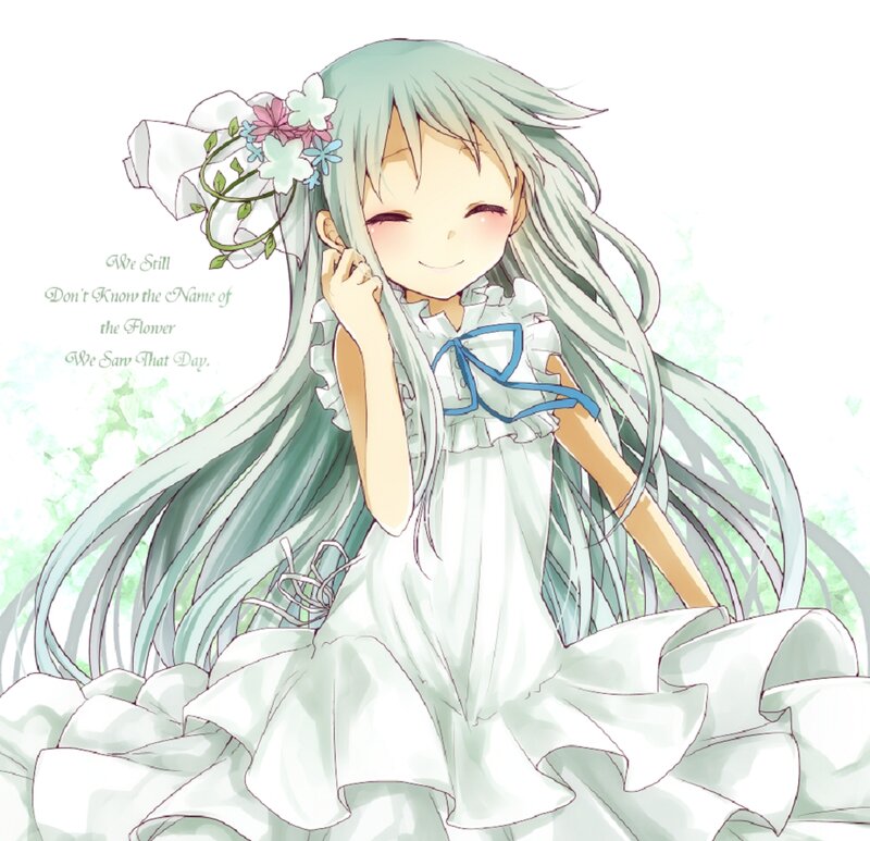 Anime Girl with Flowers — White, Happy