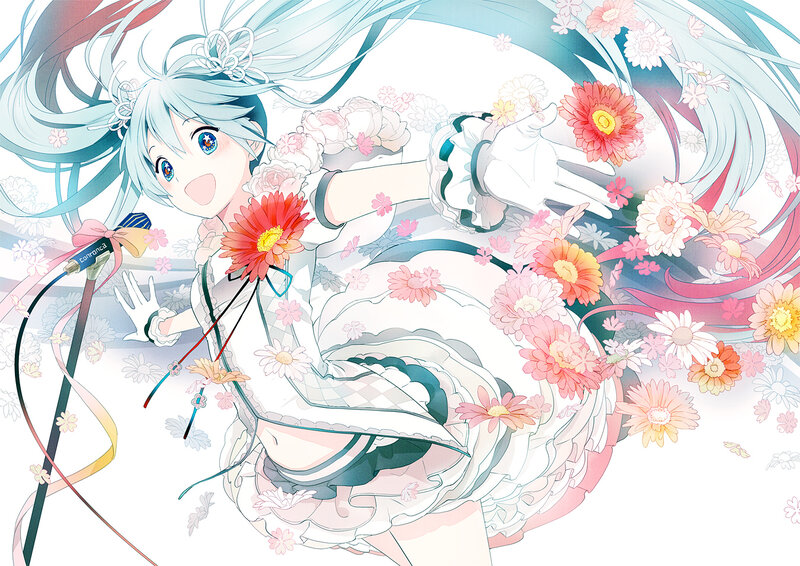 Anime Girl with Flowers — White, Joyful