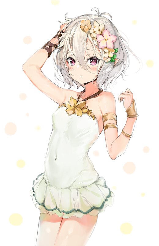 Anime Girl with Flowers — White, Playful, Digital Art