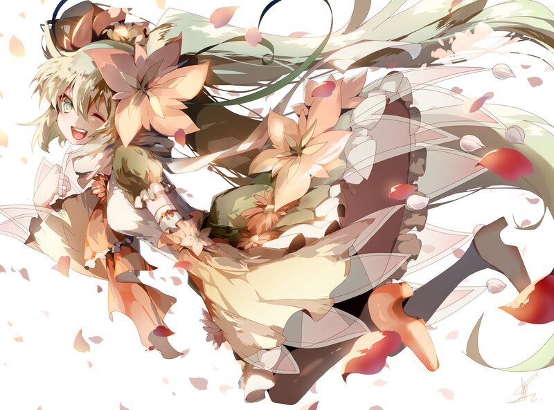 Anime Girl with Flowers — White, Playful, Spring