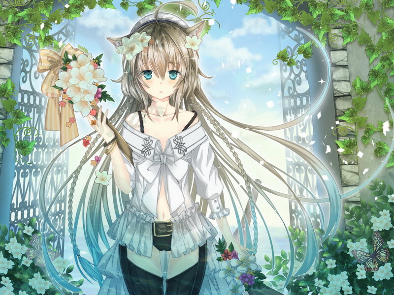 Anime Girl with Flowers — White, Serene, Afternoon, Digital Art, Butterfly