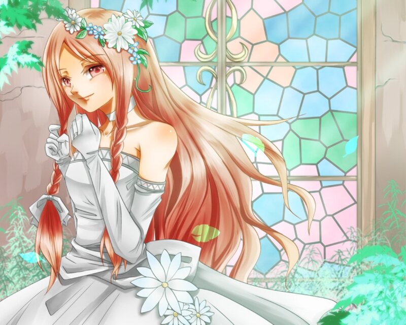 Anime Girl with Flowers — White, Serene, Afternoon, Stained Glass Window