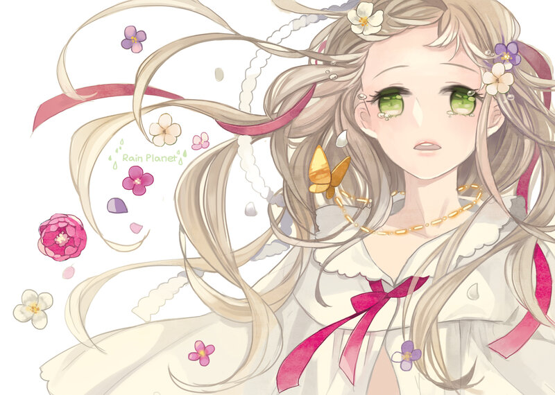 Anime Girl with Flowers — White, Serene, Digital Art, Butterfly