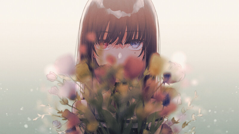 Anime Girl with Flowers — White, Serene, Digital Art, Eyes