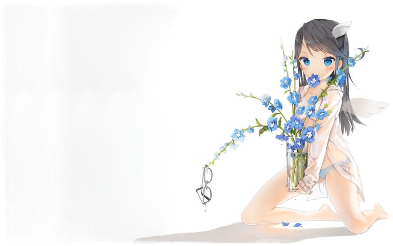 Anime Girl with Flowers — White, Serene, Digital Art, Glasses