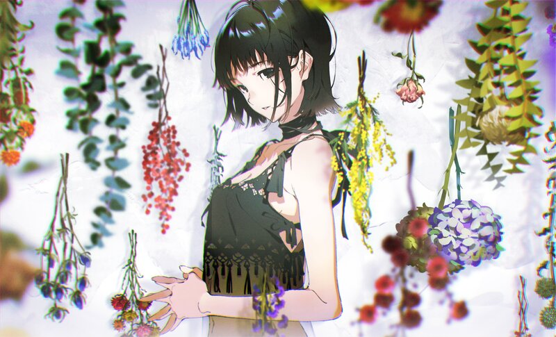 Anime Girl with Flowers — White, Serene, Digital Art, Plants