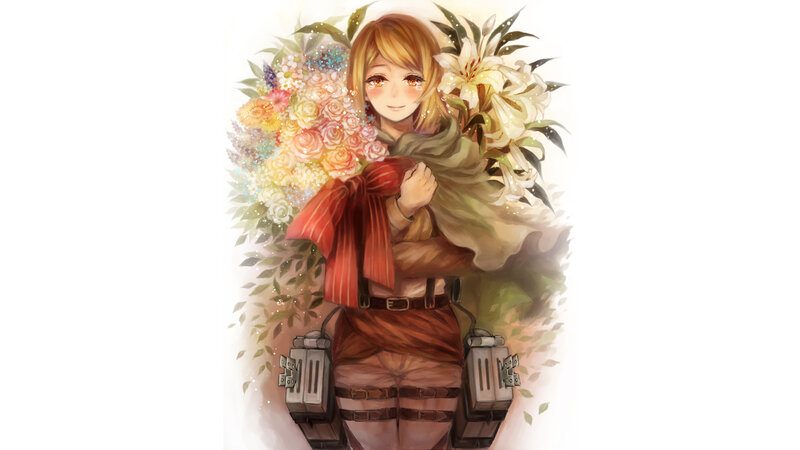 Anime Girl with Flowers — White, Serene, Digital Art, Scarf