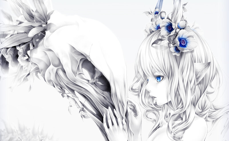 Anime Girl with Flowers — White, Serene, Digital Art, Skull