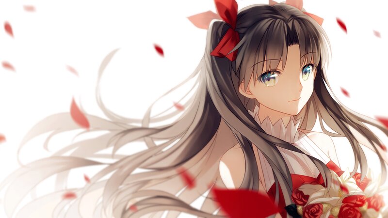 Anime Girl with Flowers — White, Serene, Hair Ribbons