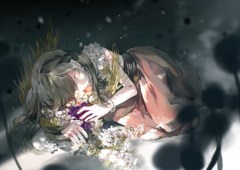 Anime Girl with Flowers — White, Serene, Night, Digital Art