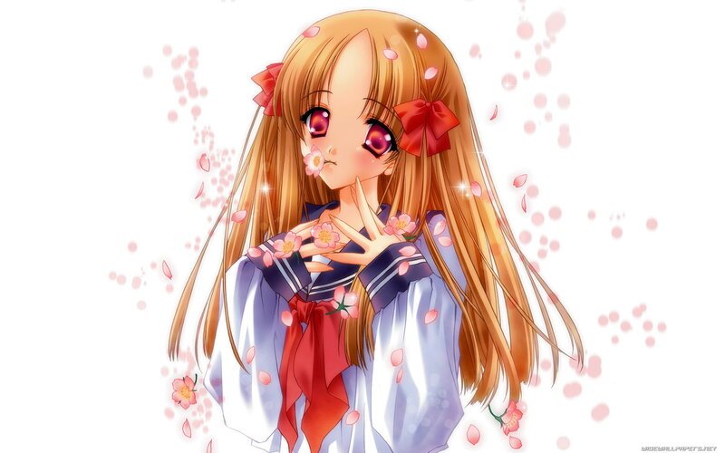 Anime Girl with Flowers — White, Serene, Spring, Bows