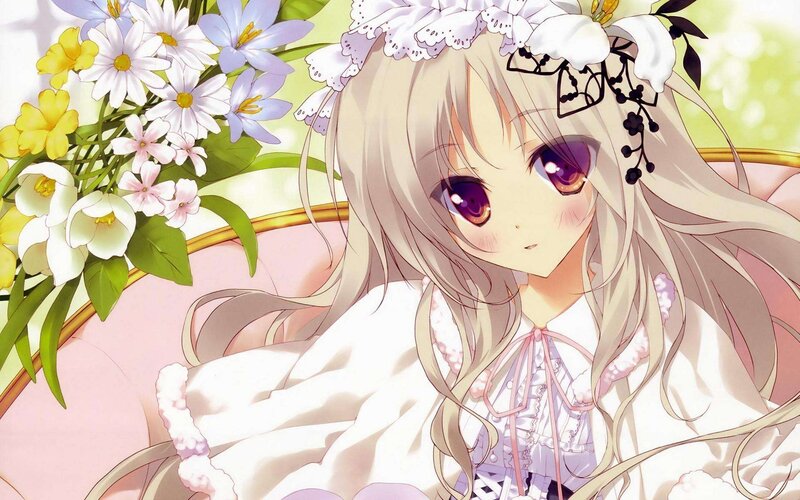 Anime Girl with Flowers — White, Serene, Spring, Couch