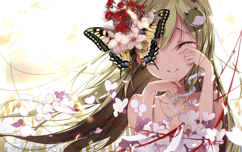 Anime Girl with Flowers — White, Serene, Spring, Digital Art, Butterfly