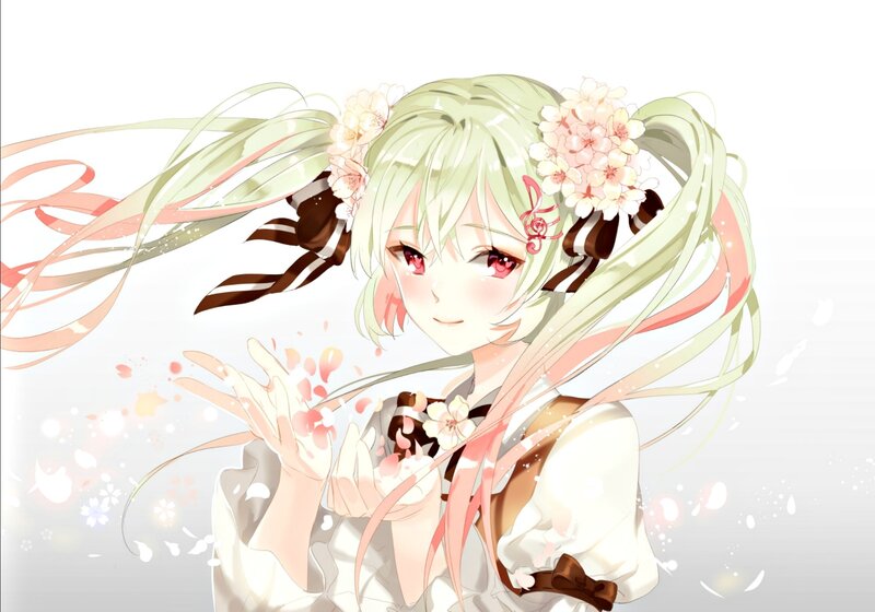 Anime Girl with Flowers — White, Serene, Spring, Digital Art, Ribbons