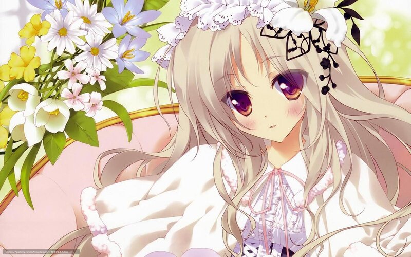 Anime Girl with Flowers — White, Serene, Spring, Dress, Couch