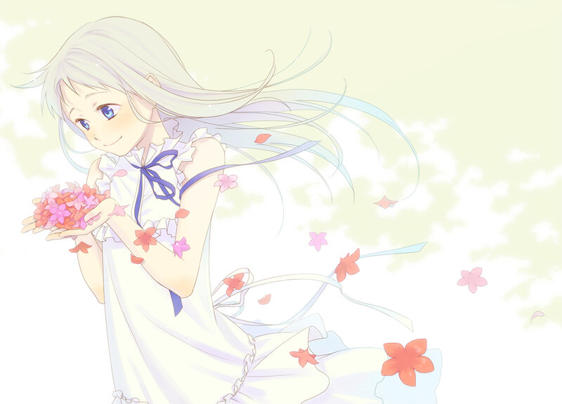 Anime Girl with Flowers — White, Serene, Spring, Dress