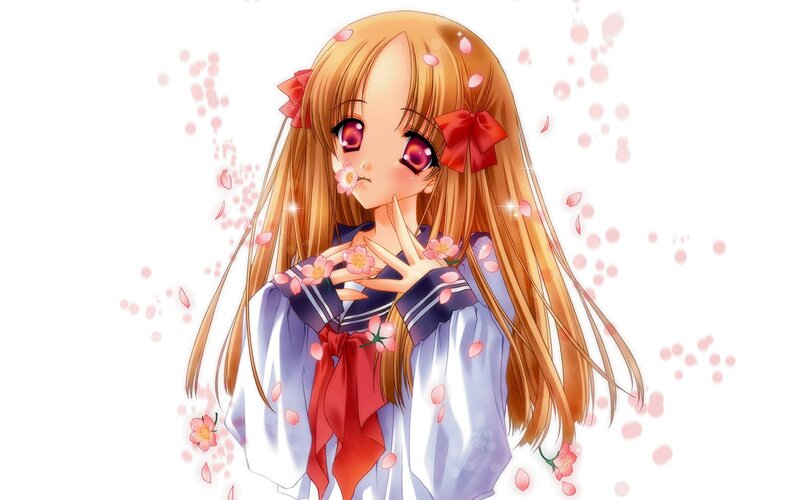 Anime Girl with Flowers — White, Serene, Spring, Petals, School Uniform