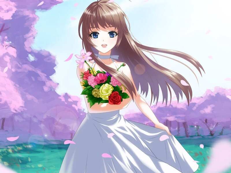 Anime Girl with Flowers — White, Serene, Spring, Skirt