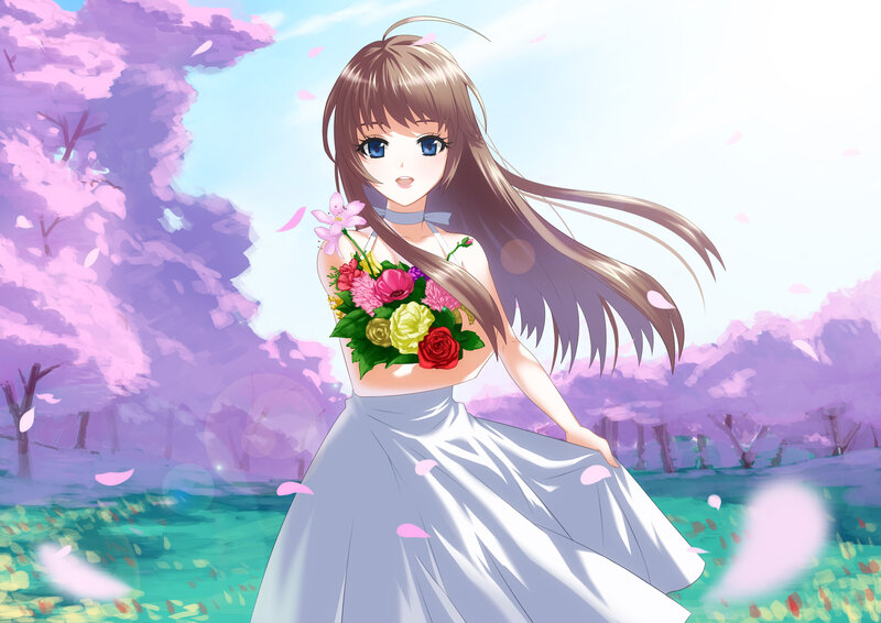 Anime Girl with Flowers — White, Serene, Spring