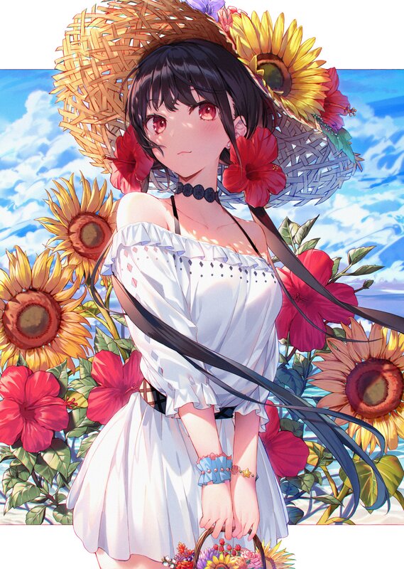 Anime Girl with Flowers — White, Serene, Summer, Digital Art