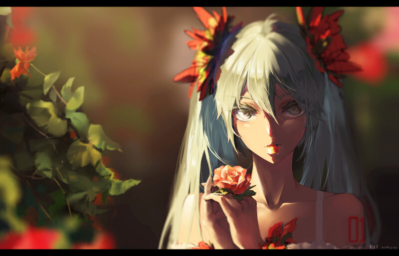 Anime Girl with Flowers — White, Serene, Sunset
