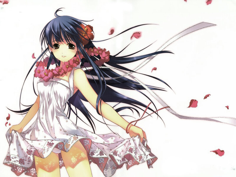Anime Girl with Flowers — White, Serene