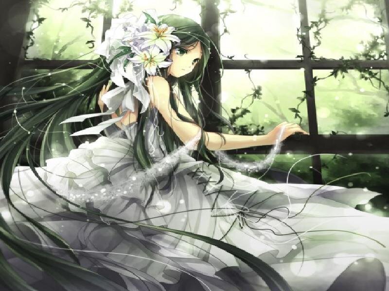 Anime Girl with Flowers — White