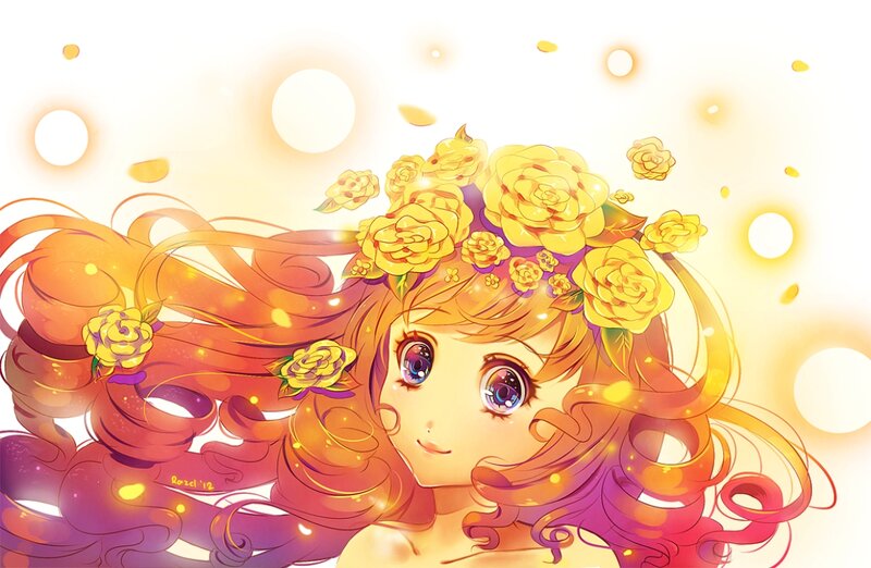 Anime Girl with Flowers — Yellow, Bright