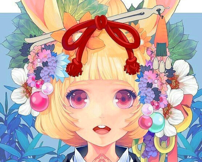 Anime Girl with Flowers — Yellow, Playful, Digital Art