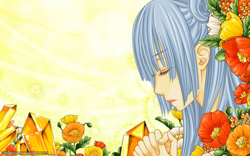 Anime Girl with Flowers — Yellow, Serene, Afternoon, Crystals