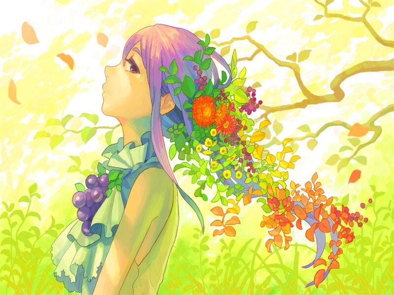 Anime Girl with Flowers — Yellow, Serene, Afternoon