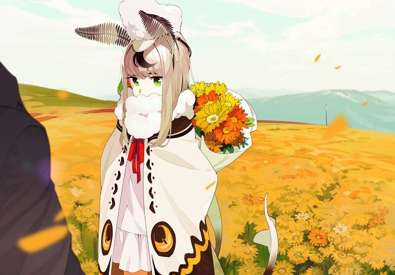 Anime Girl with Flowers — Yellow, Serene, Autumn