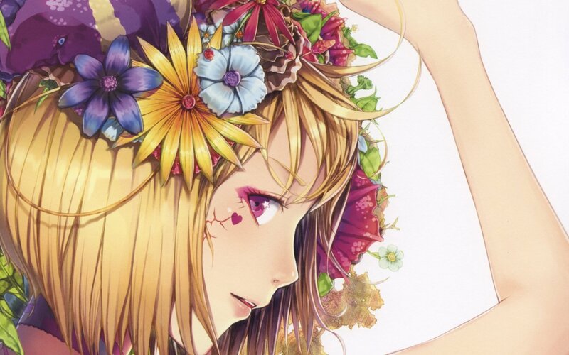 Anime Girl with Flowers — Yellow, Serene, Manga