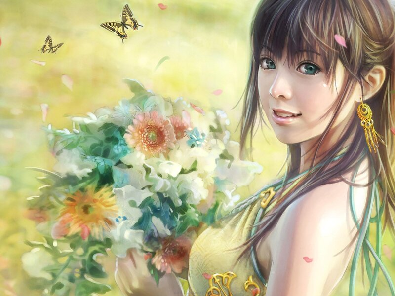 Anime Girl with Flowers — Yellow, Serene, Spring, Digital Art