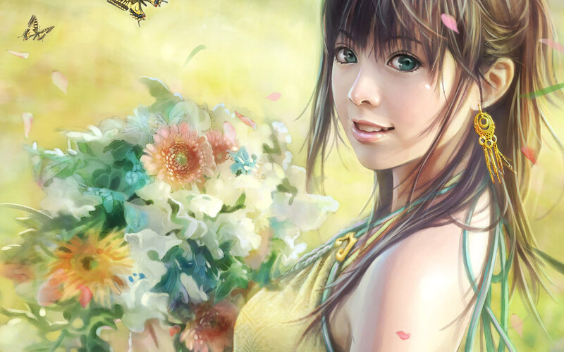 Anime Girl with Flowers — Yellow, Serene, Spring
