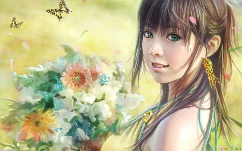 Anime Girl with Flowers — Yellow