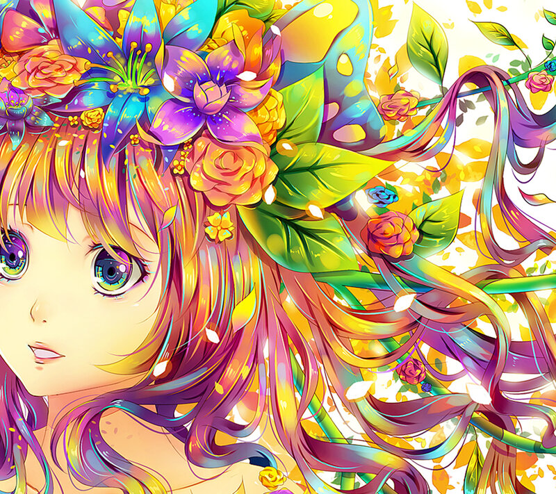 Anime Girl with Flowers — Yellow, Vibrant, Digital Art