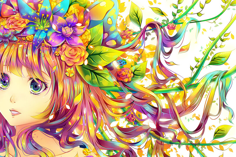 Anime Girl with Flowers — Yellow, Vibrant, Spring