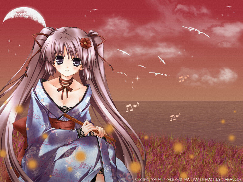 Anime girl with flute at sunset