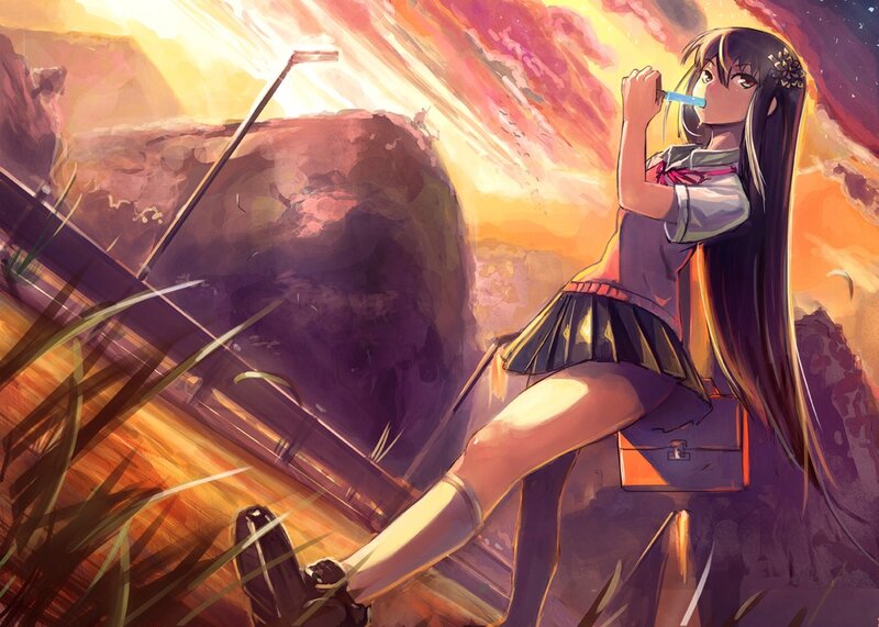 Anime girl with flute at sunset