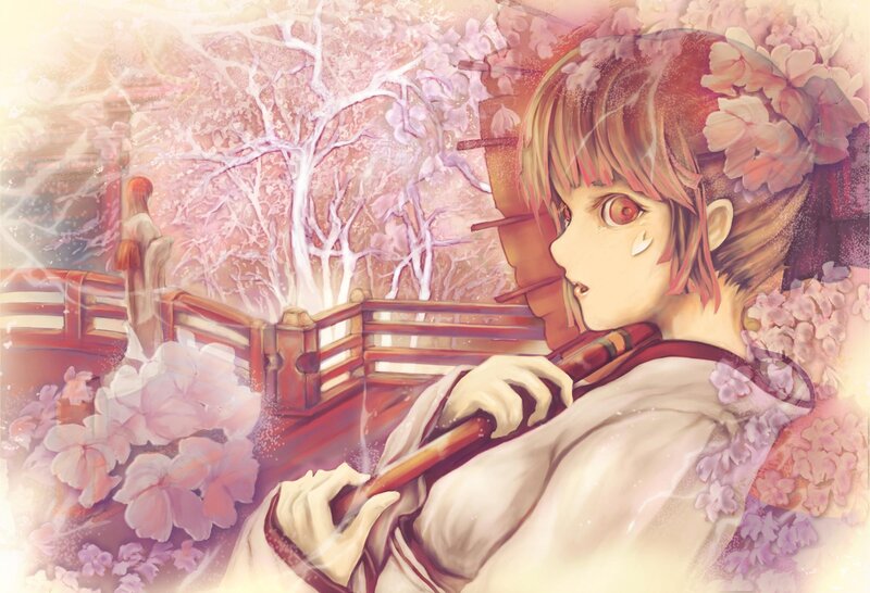 anime girl with flute in cherry blossoms