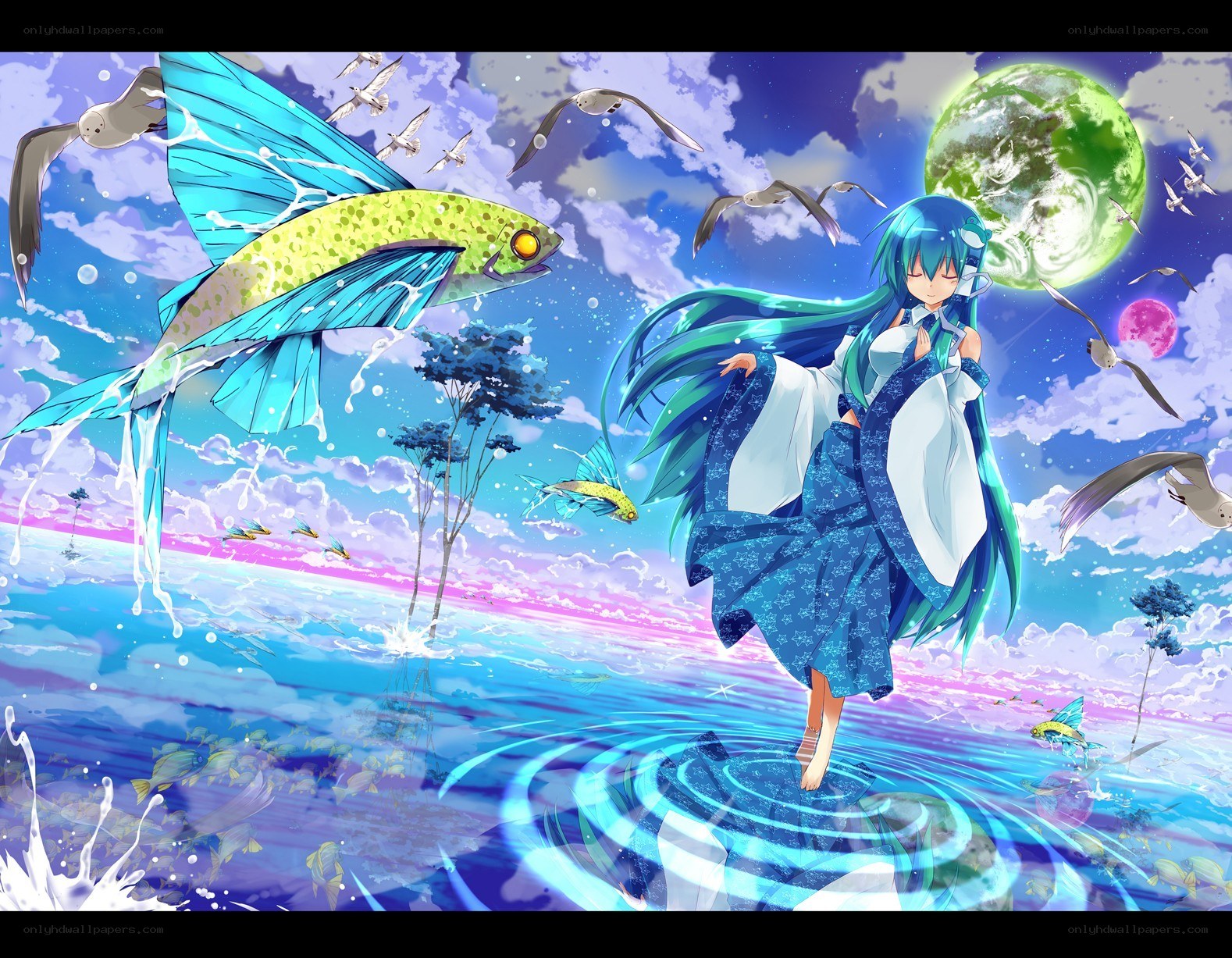 anime girl with flying fish
