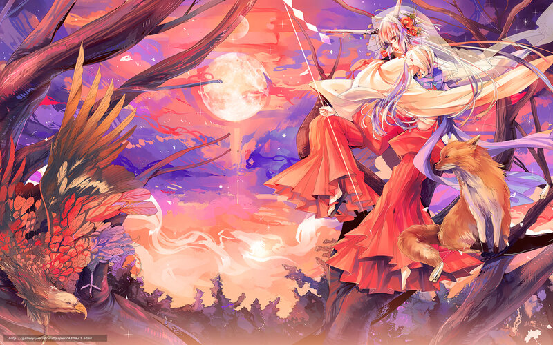 Anime Girl with Fox and Bird — Purple