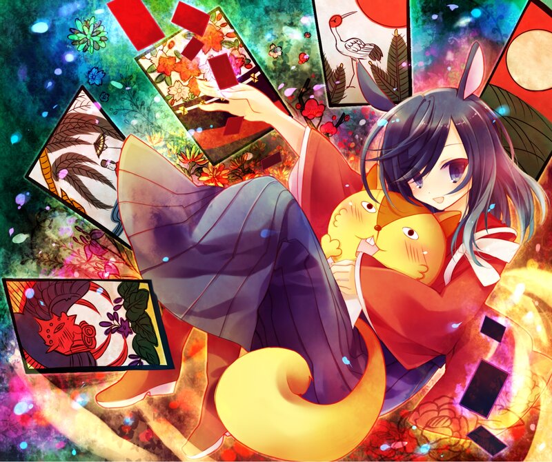 anime girl with fox and cards