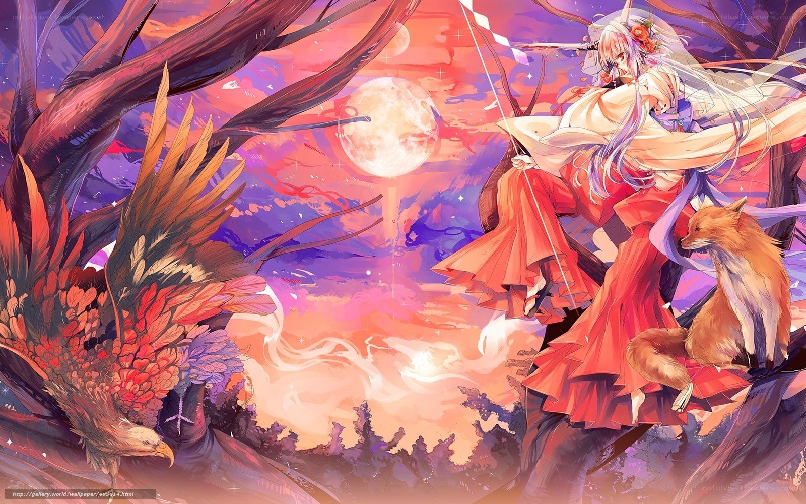 Anime girl with fox and eagle