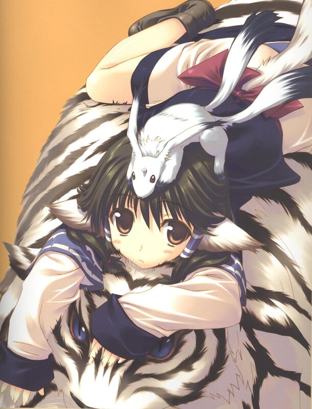anime girl with fox and tiger