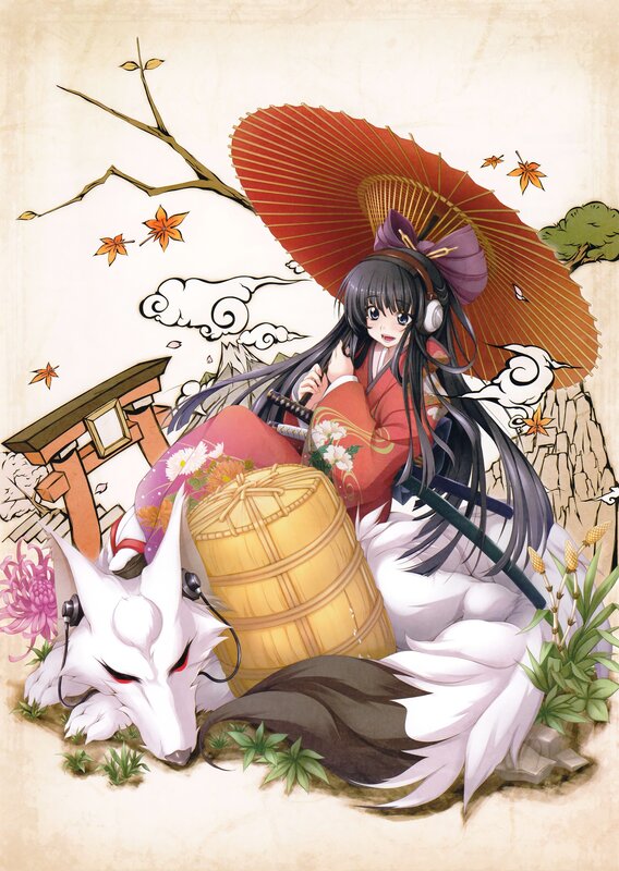 Anime girl with fox and umbrella