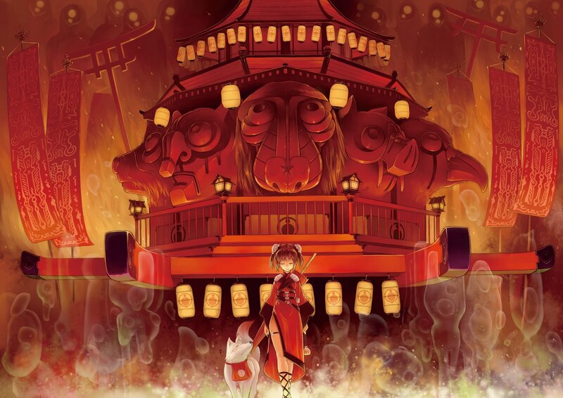 Anime girl with fox at shrine
